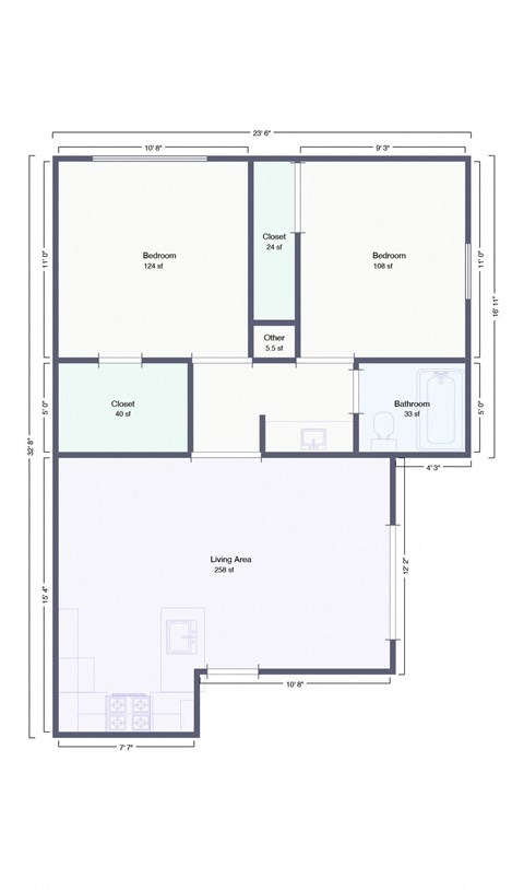Floor plan for 2 beds, 1 bath, 680 sqft